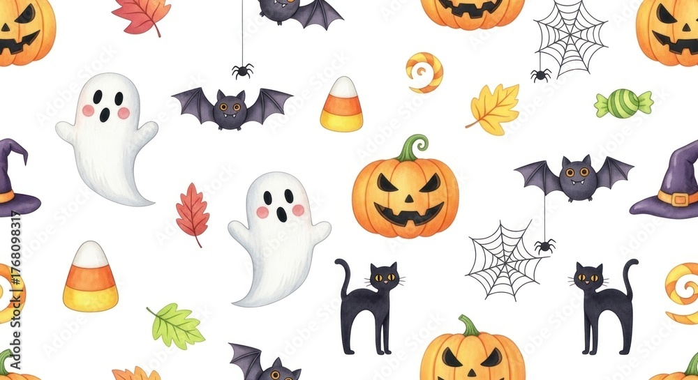 Naklejka premium Watercolor Halloween pattern featuring jack-o-lanterns, bats, ghosts, and festive elements