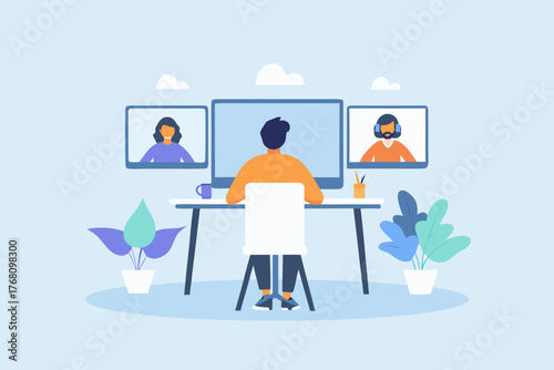 Man working remotely on computer with video conference calls with colleagues