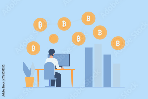 Person working on computer with bitcoin symbols and financial charts in the background