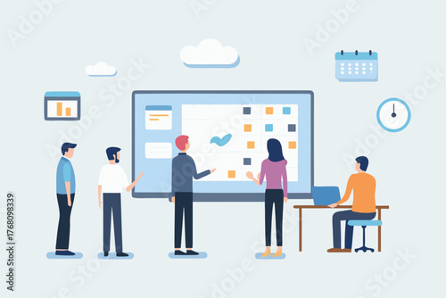 Diverse team collaborating around a digital whiteboard with a calendar and clock in a modern office setting