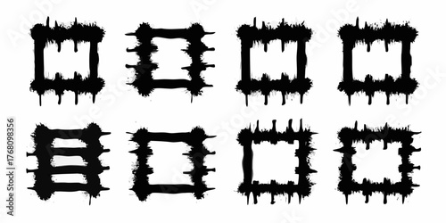 Collection of eight unique black grunge frames with dripping paint effect on white background