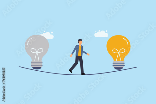 Man walking on tightrope between a dim and a bright idea bulb symbolizing innovation and decision making