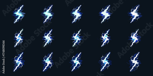 Animated lightning bolt effects sprite sheet with blue and white energy bursts