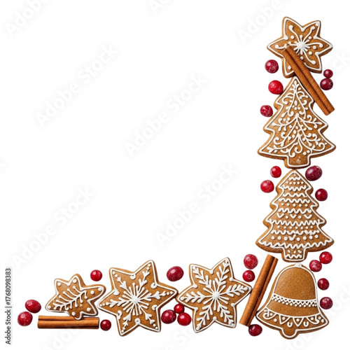 Gingerbread Cookie Christmas Corner Border with Cinnamon Sticks Red Berries Trees Stars Bells and Snowflakes Realistic Photo on Transparent Background