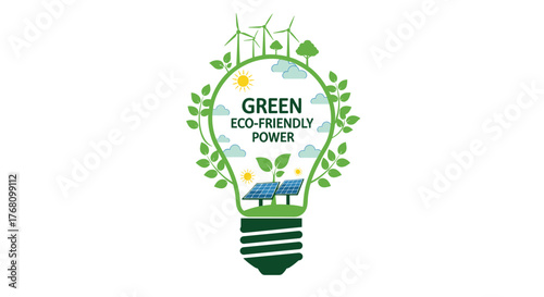 Illustration of a light bulb filled with nature and eco-friendly power sources like solar panels and wind turbines.