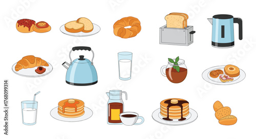 A collection of breakfast items including pastries, drinks, and toast.