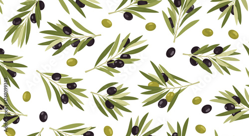 Seamless pattern of olive branches with black and green olives on a white background.