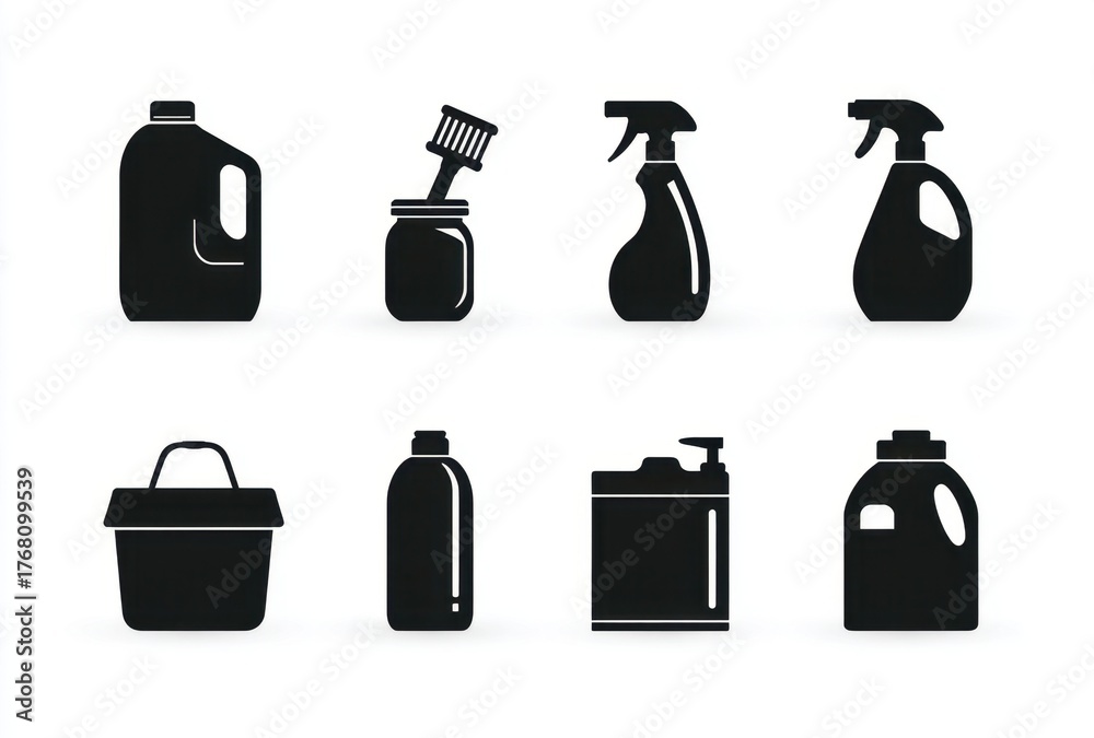 Fototapeta premium A collection of various cleaning supplies and tools, arranged in a neat row, on a .