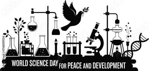 Vector art of world science day for peace and development with laboratory equipment