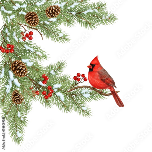 Watercolor Red Cardinal Bird on Snowy Pine Corner Border with Berries and Cones Christmas Vector Illustration on Transparent Background
