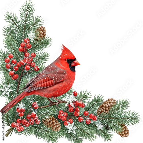 Red Cardinal Bird Perched on Snowy Fir Branch with Pine Cones and Red Berries - Winter Christmas Wildlife Illustration Vector