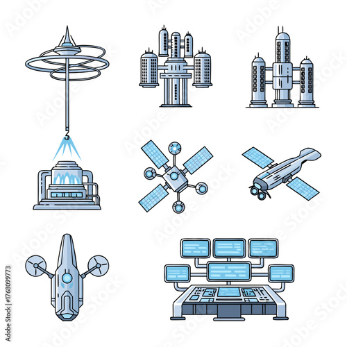 Futuristic industrial structures and advanced technology concepts