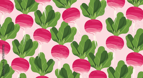 Seamless pattern of red radishes with green leaves on a light pink background.