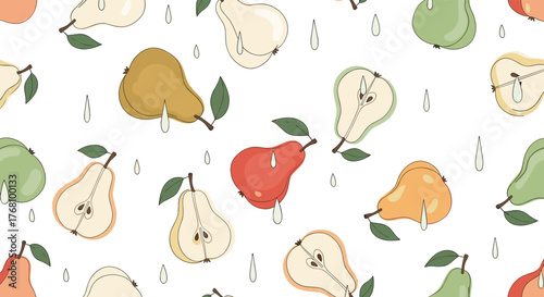 Seamless pattern with various colorful pears and leaves, with water droplets.