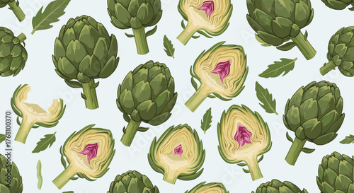 Pattern of fresh green artichokes, whole and halved, with leaves on a light background.