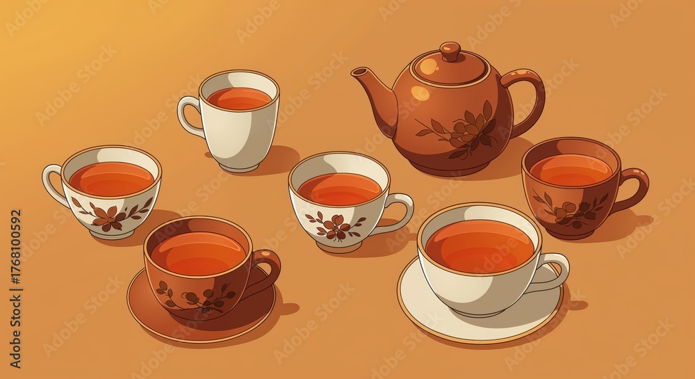 Obraz premium Cozy Tea Set: A warm and inviting composition of tea cups and a teapot, inviting moments of relaxation and the simple pleasure of a perfect brew.