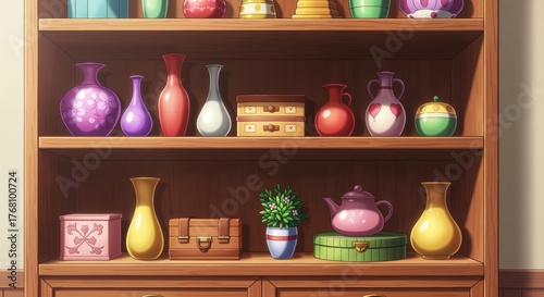 Wallpaper Mural Decorative Shelf of Treasures: A curated collection of vibrant vases, charming boxes, and other ornaments grace the shelves of a wooden cabinet, showcasing a blend of art and functionality. Torontodigital.ca