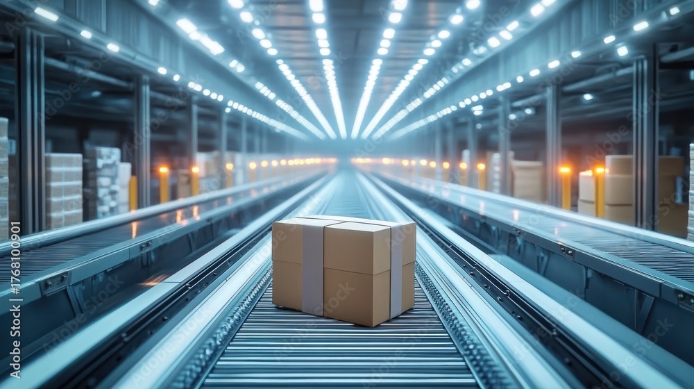 Naklejka premium Single cardboard box on conveyor belt in a brightly lit modern warehouse with rows of packages and industrial shelving