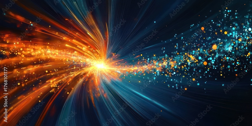 Naklejka premium Dynamic explosion of vibrant orange and blue particles radiating from a bright central point with flowing streaks of light conveying energy and motion