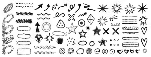 Hand drawn doodle heart, arrow, star, sparkle decoration symbol vector set icon.rock ster set illustration.