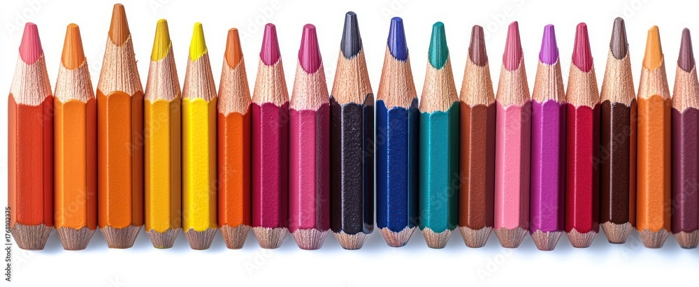 Naklejka premium Row of sharpened colored pencils in various shades arranged horizontally on a white background, evoking creativity and artistic inspiration
