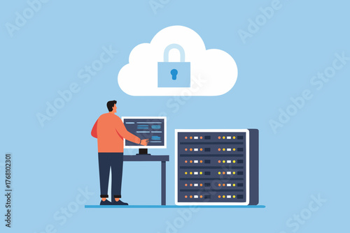 Man working on computer with server racks and a locked cloud symbol representing data security