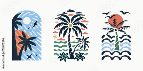 Abstract tropical beach scenes with palm trees sun ocean waves and birds in a modern flat design style