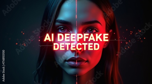 A striking image of a female face with eyes focused intensely, featuring bold red text 'AI DEEPFAKE DETECTED' across the center.