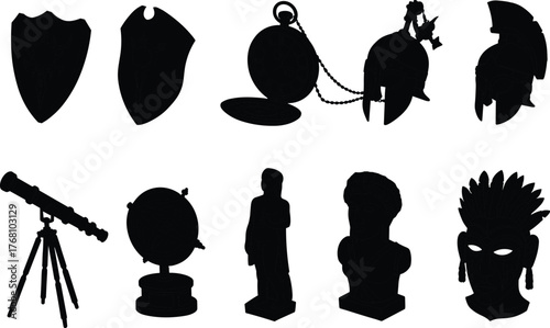 Ancient warrior helmets, shields, telescope, and statue silhouettes representing historical artifacts, exploration tools, and classical art in vintage style design