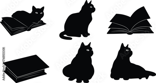 Black cat silhouettes with books, creative reading concept illustration, adorable kitten vector art showing curiosity, knowledge, and literary inspiration design