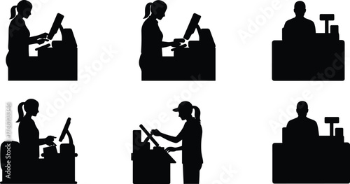 Cashier operating register at store counter, silhouette illustration of retail workers scanning items, point of sale, shopping and payment concept