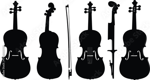 Collection of violin silhouettes with bow, musical instrument illustration showing classic string shapes, orchestra art, and elegant music performance design concept