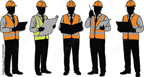 Construction engineers and supervisors wearing safety vests and helmets discussing blueprints, project management, and site planning teamwork in industrial construction