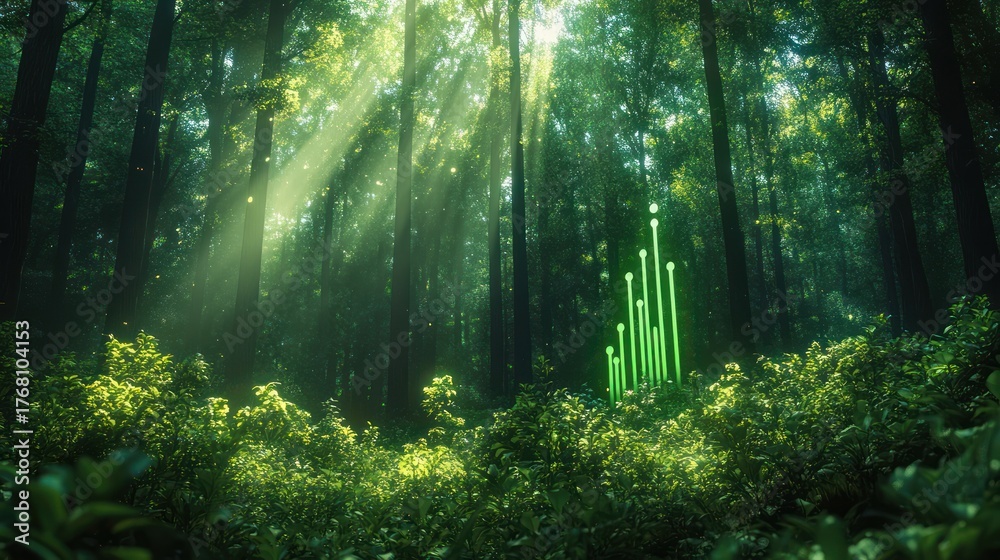 Naklejka premium Sunlight beams piercing through a dense green forest with glowing abstract green light structures among the foliage, evoking a sense of mystery and tranquility