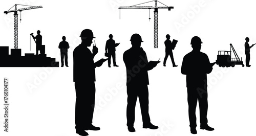 Construction engineers communicating at worksite with cranes operating, site managers using tablet and radio for planning, building project control and coordination