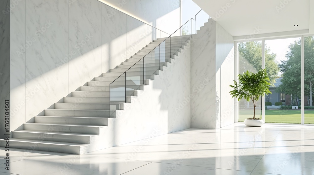 Obraz premium A modern foyer with a white marble staircase, glass railing, large windows, and a potted tree, overlooking a green lawn.