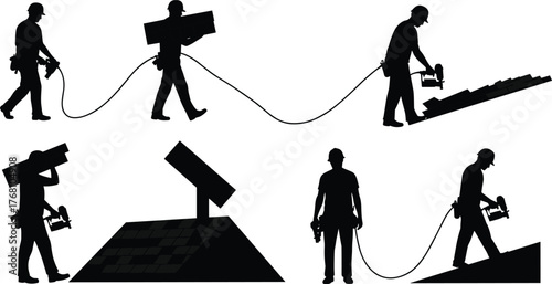 Construction roofers installing shingles, working with nail guns on building roofs, professional roofing labor silhouettes, home renovation and repair concept