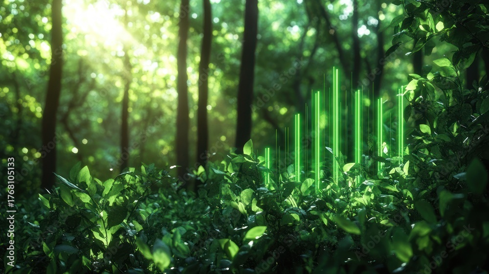 Obraz premium Lush green forest with dense foliage illuminated by sunlight and glowing vertical green light bars emerging from the plants