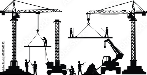 Construction workers and cranes lifting materials at building site, teamwork and engineering process, industrial development, architecture and infrastructure growth, heavy machinery operation