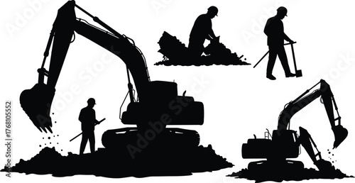 Construction workers and excavators working on site, digging soil, heavy machinery operation, building foundation preparation, teamwork industrial labor concept, construction equipment