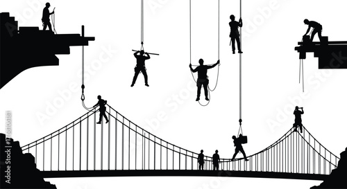 Construction workers building suspension bridge, teamwork on high cables, heavy lifting and welding, infrastructure development, safety harness, civil engineering progress.