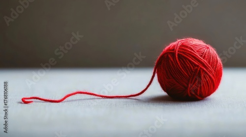 Single red ball of yarn with a loose strand extending out on a soft gray surface against a blurred neutral background, evoking simplicity and calm