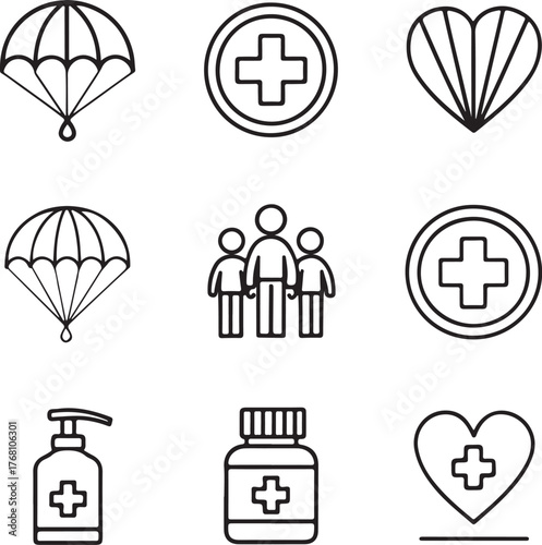 Humanitarian Aid and Medical Support Icons Set