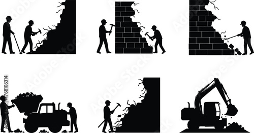 Construction workers demolishing brick walls using hammers and excavators, industrial demolition process at building site with safety equipment and teamwork