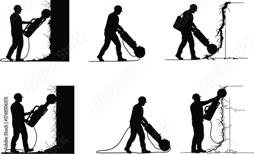 Construction workers cutting reinforced concrete walls using heavy demolition tools, industrial wall removal process with precision, safety gear, and professional expertise