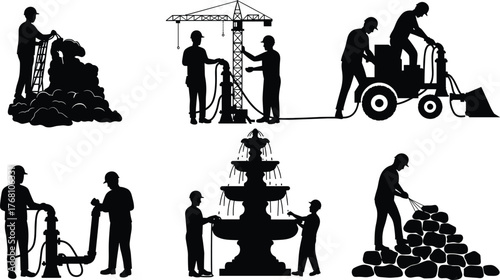 Construction workers handling water pumps and hoses at building site, foundation preparation, fluid system installation, civil engineering, and industrial maintenance concept
