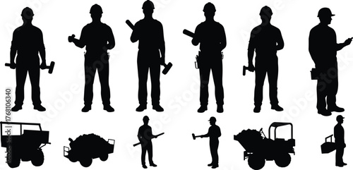 Construction workers holding tools with equipment vehicles, industrial labor silhouettes, teamwork on job site, heavy work and safety gear in action