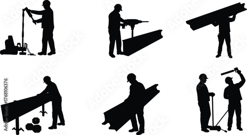 Construction workers handling steel beams, drilling, cutting, and measuring metal structures at industrial site with teamwork and safety equipmentt