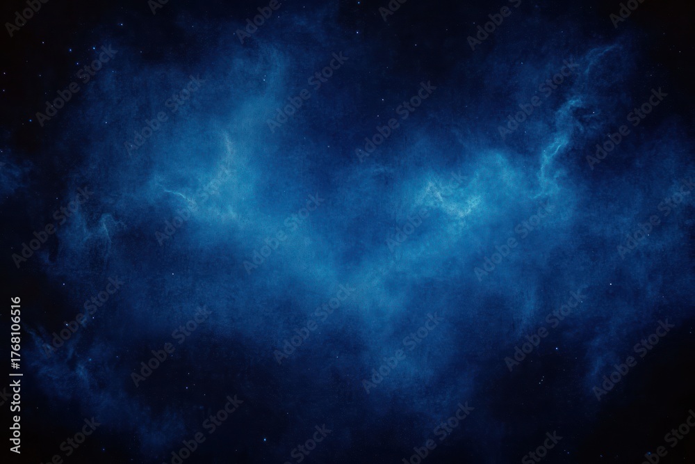 Fototapeta premium Mysterious deep blue textured cloud or nebula formation with small scattered white stars creating a cosmic space atmosphere