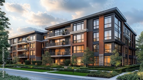 Modern three-story apartment building with balconies and large windows surrounded by well-maintained greenery under a partly cloudy sky at sunset